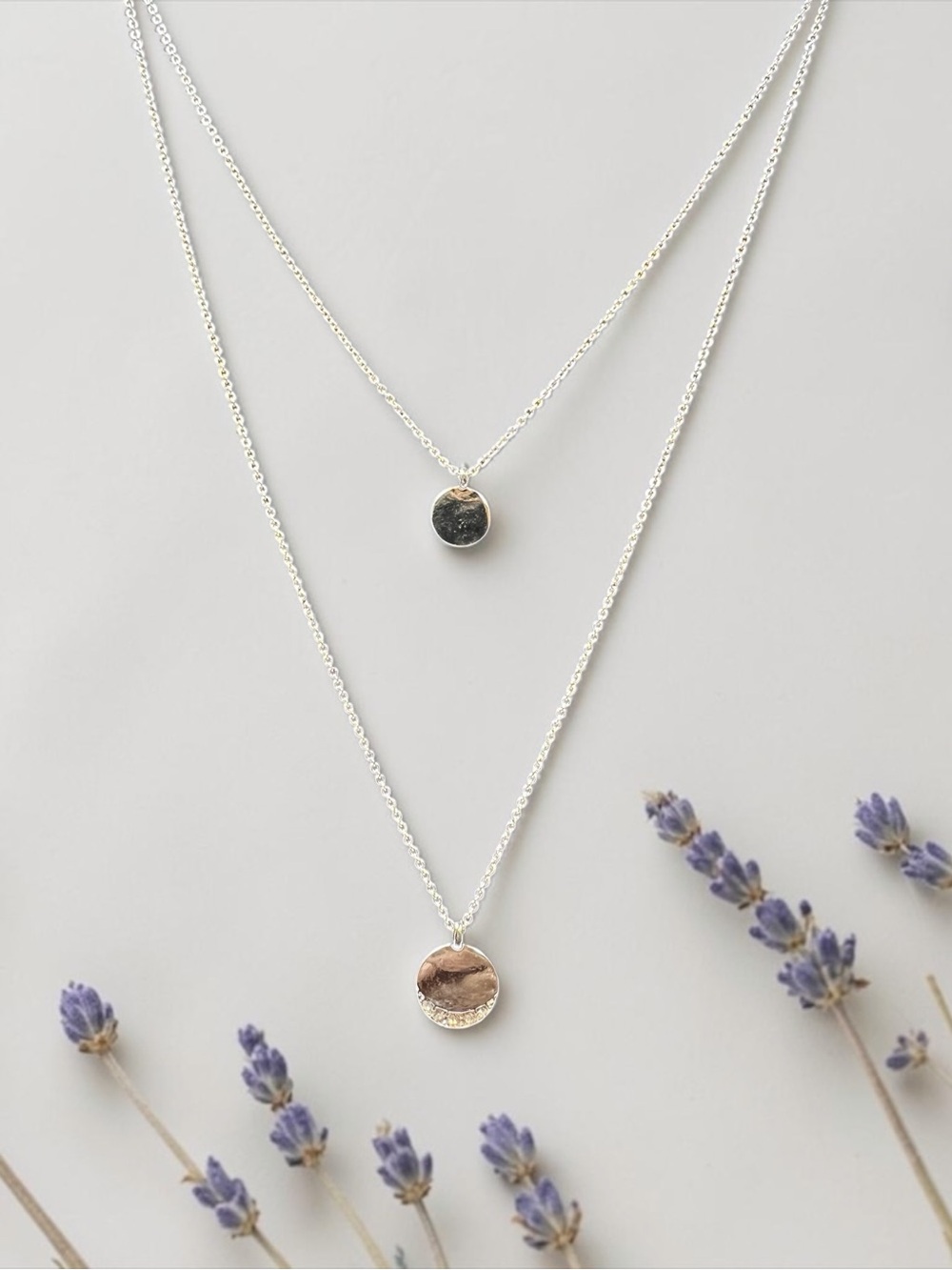 Delicate Layered Disc Necklace in Silver Tone